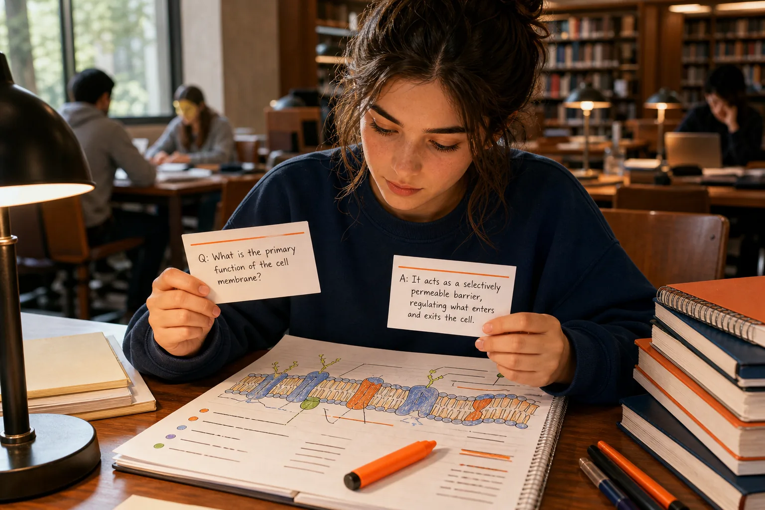 Clear flashcard questions and answers beside study notes.