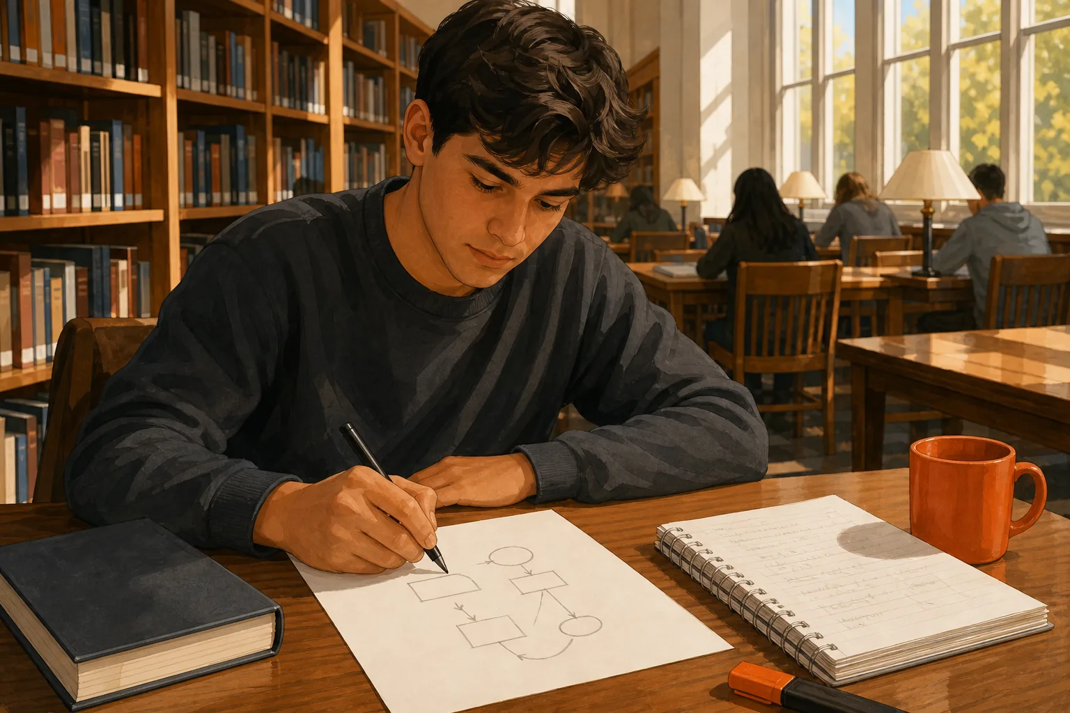 Student using a blank page for active recall at a US university library.