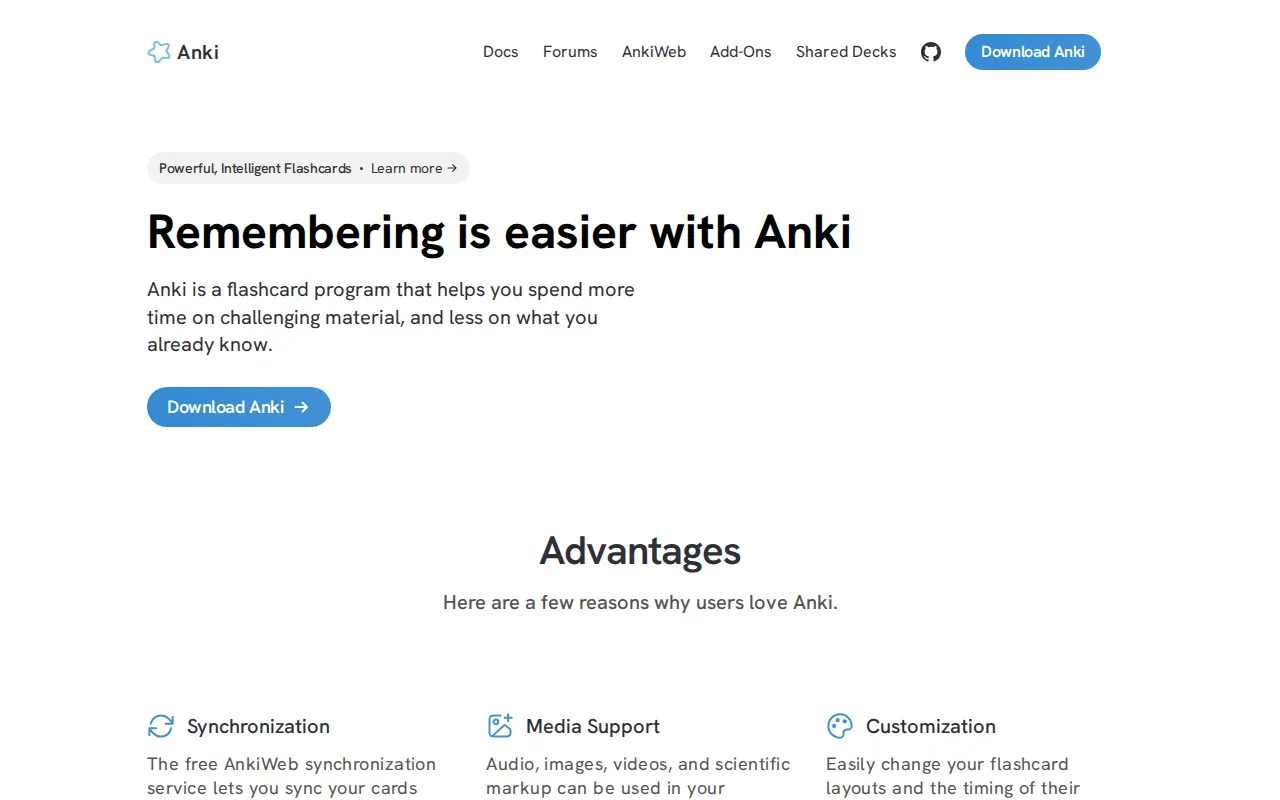 Screenshot of the Anki website
