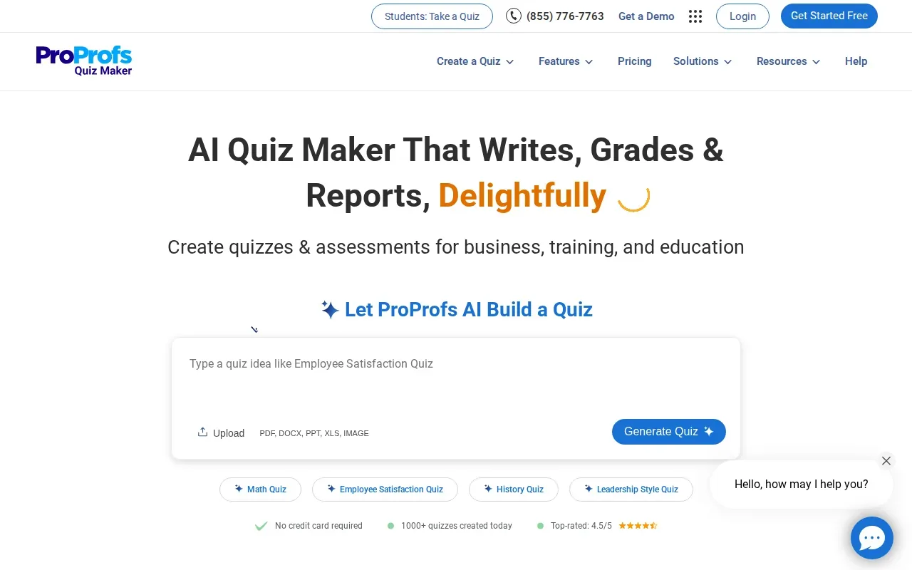 Screenshot of the ProProfs Quiz Maker website