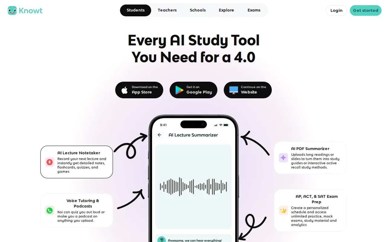 Screenshot of the Knowt website