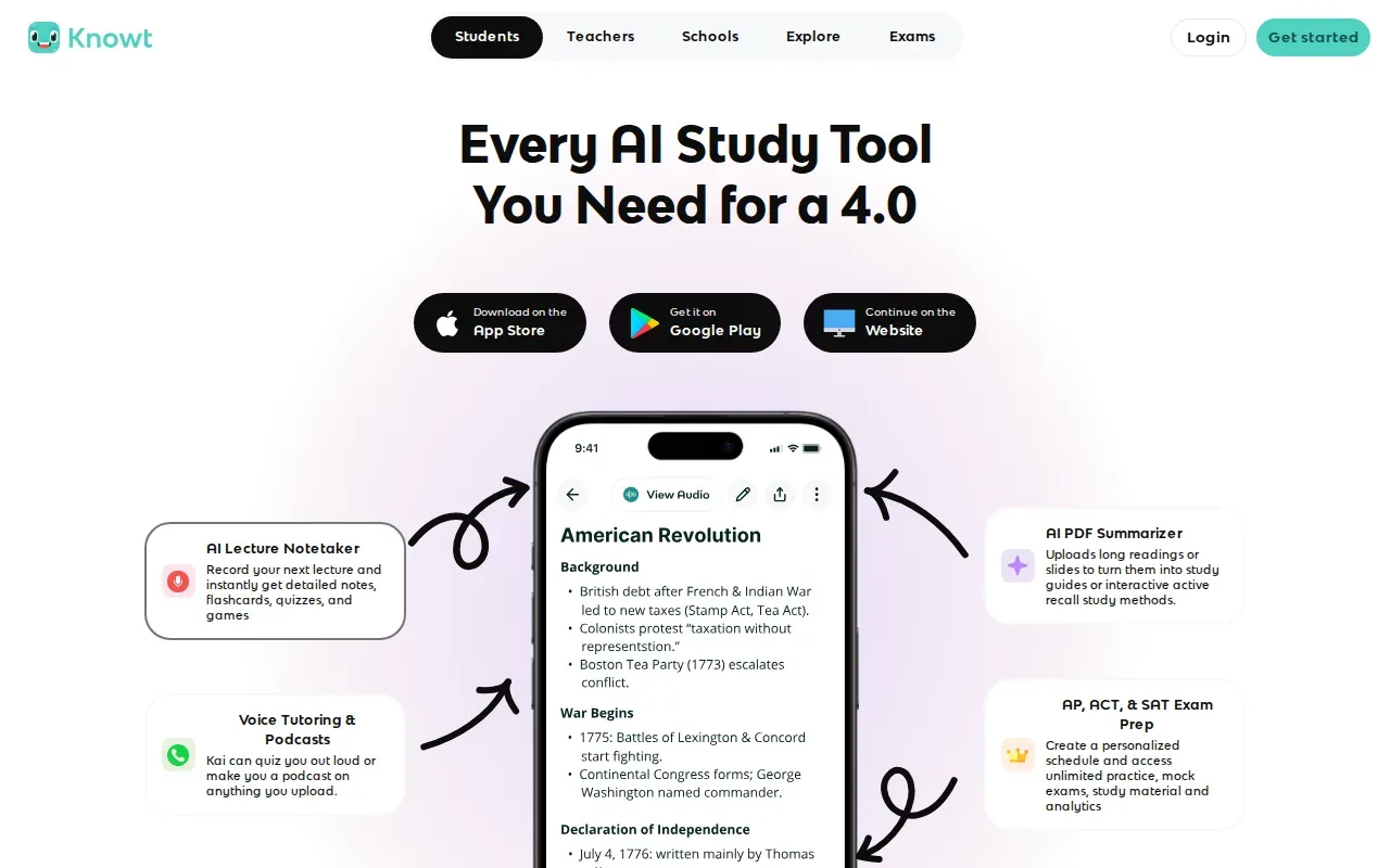 Screenshot of the Knowt website