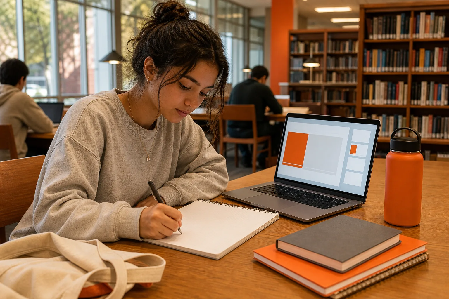 Student using retrieval practice with lecture notes and slides at a US college library.