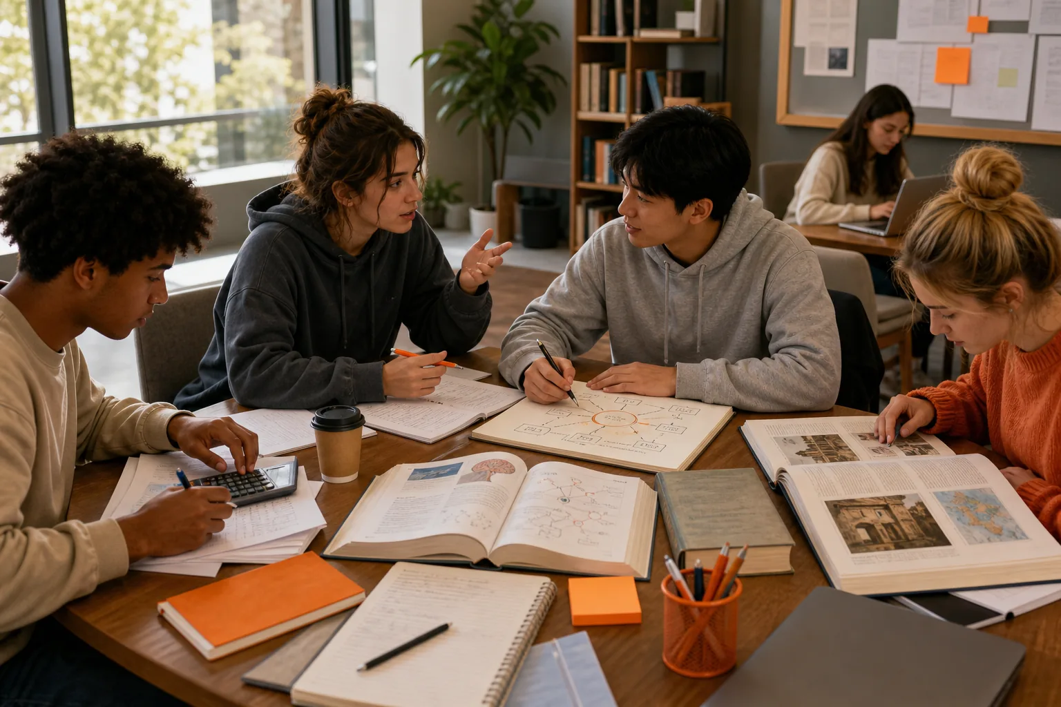 College students using subject-specific retrieval practice examples in a US study room.